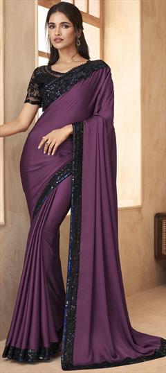 Festive, Reception, Wedding Purple and Violet color Saree in Silk fabric with South Border, Sequence, Thread work : 1906645