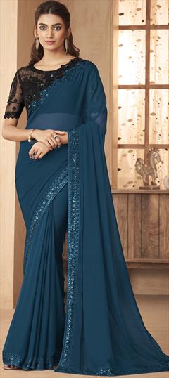 Festive, Reception, Wedding Blue color Saree in Chiffon, Georgette fabric with Classic Border, Sequence, Thread work : 1906646