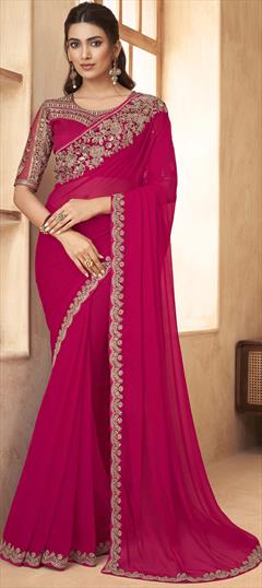 Festive, Reception, Wedding Pink and Majenta color Saree in Chiffon, Georgette fabric with Classic Border, Sequence, Thread work : 1906653