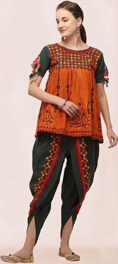 Festive, Navratri Green, Orange color Salwar Kameez in Cotton fabric with Anarkali, Dhoti Embroidered, Thread work : 1906696