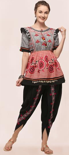 Festive, Navratri Black and Grey, Pink and Majenta color Salwar Kameez in Cotton fabric with Anarkali, Dhoti Embroidered, Thread work : 1906699