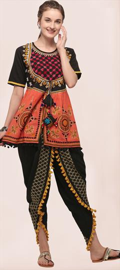 Festive, Navratri Black and Grey, Orange color Salwar Kameez in Cotton fabric with Anarkali, Dhoti Embroidered, Thread work : 1906702