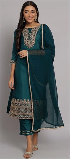 Festive, Party Wear Green color Salwar Kameez in Blended fabric with Straight Embroidered, Sequence, Thread, Zari work : 1906715