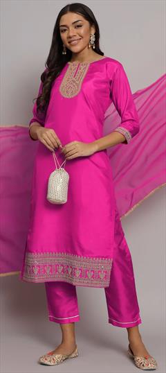 Festive, Party Wear Pink and Majenta color Salwar Kameez in Blended fabric with Straight Embroidered, Sequence, Thread, Zari work : 1906717