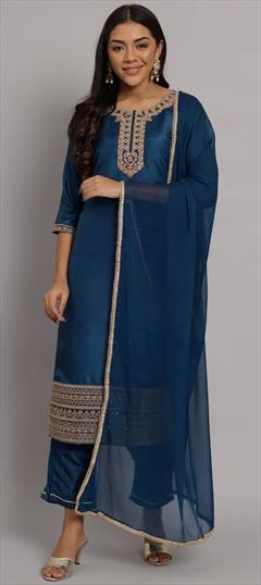 Festive, Party Wear Blue color Salwar Kameez in Blended fabric with Straight Embroidered, Sequence, Thread, Zari work : 1906722