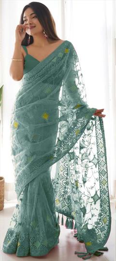 Festive, Reception, Wedding Blue color Saree in Net fabric with Classic Embroidered, Thread work : 1906736