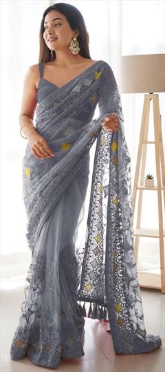 Festive, Reception, Wedding Black and Grey color Saree in Net fabric with Classic Embroidered, Thread work : 1906738