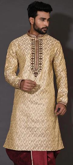 Party Wear Beige and Brown color Kurta in Jamawar fabric with Embroidered, Thread, Zardozi work : 1906850