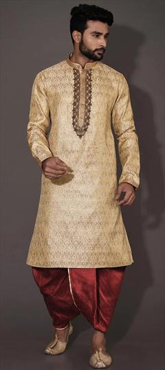 Party Wear Beige and Brown color Dhoti Kurta in Jamawar fabric with Embroidered, Thread, Zardozi work : 1906880