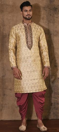 Party Wear Beige and Brown color Dhoti Kurta in Jamawar fabric with Embroidered, Thread, Zardozi work : 1906890