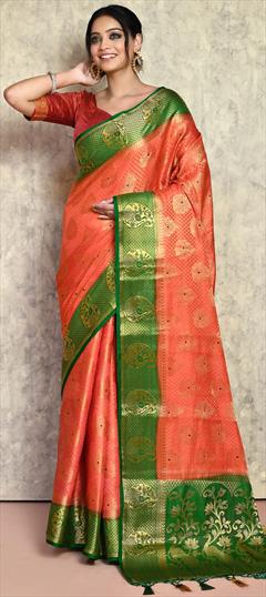 Bridal, Traditional, Wedding Pink and Majenta color Saree in Kanjeevaram Silk fabric with South Stone, Weaving, Zari work : 1906928