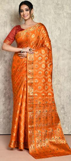 Bridal, Traditional, Wedding Orange color Saree in Kanjeevaram Silk fabric with South Weaving, Zari work : 1906930