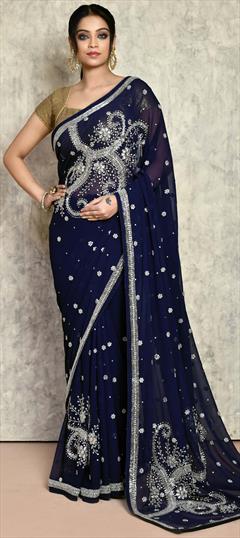 Bridal, Wedding Blue color Saree in Georgette fabric with Classic Cut Dana, Stone work : 1906931