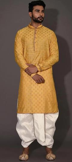 Party Wear Yellow color Dhoti Kurta in Poly cotton fabric with Embroidered, Thread work : 1906971