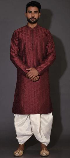 Party Wear Red and Maroon color Dhoti Kurta in Art Dupion Silk fabric with Embroidered, Resham, Thread work : 1907034