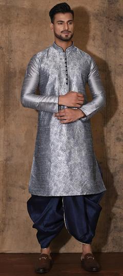 Party Wear Black and Grey color Dhoti Kurta in Art Dupion Silk fabric with Embroidered, Resham, Thread work : 1907036