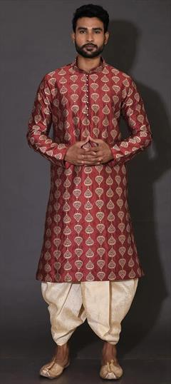 Party Wear Red and Maroon color Dhoti Kurta in Art Dupion Silk fabric with Embroidered, Resham, Thread work : 1907040