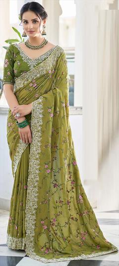 Engagement, Reception, Traditional, Wedding Green color Saree in Bangalore Silk, Silk fabric with South Embroidered, Resham, Sequence, Thread work : 1907139