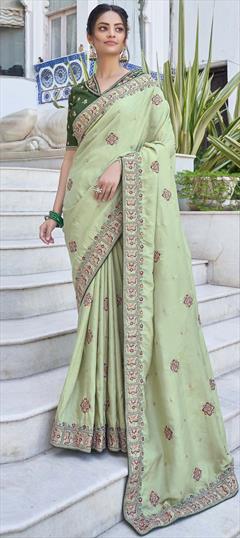 Engagement, Reception, Traditional, Wedding Green color Saree in Bangalore Silk, Silk fabric with South Embroidered, Resham, Sequence, Thread work : 1907152