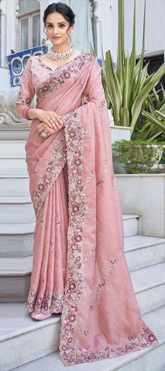 Engagement, Reception, Traditional, Wedding Pink and Majenta color Saree in Bangalore Silk, Silk fabric with South Embroidered, Resham, Sequence, Thread work : 1907153