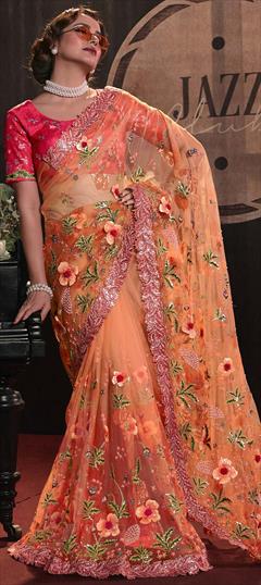 Bridal, Mehendi Sangeet, Wedding Orange color Saree in Net fabric with Classic Appliques, Cut Dana, Moti, Thread, Zari work : 1907173