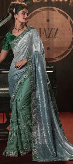 Bridal, Mehendi Sangeet, Wedding Green color Saree in Lycra, Net fabric with Classic, Half and Half Appliques, Moti, Sequence, Thread, Zari, Zircon work : 1907184
