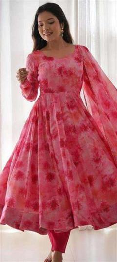 Designer, Party Wear, Reception Pink and Majenta color Salwar Kameez in Organza Silk fabric with Anarkali Floral, Printed work : 1907185