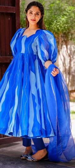 Designer, Party Wear, Reception Blue color Salwar Kameez in Organza Silk fabric with Anarkali Printed work : 1907205