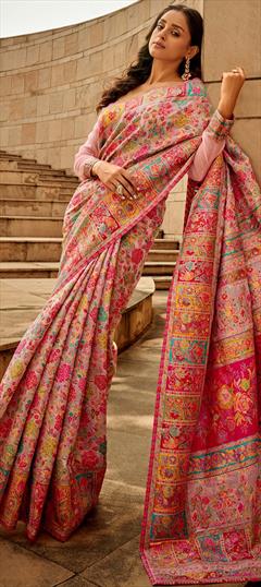 Festive, Party Wear, Traditional Pink and Majenta color Saree in Handloom fabric with Bengali Floral, Printed, Weaving work : 1907277