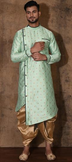 Party Wear Green color Dhoti Kurta in Dupion Silk fabric with Weaving work : 1907298