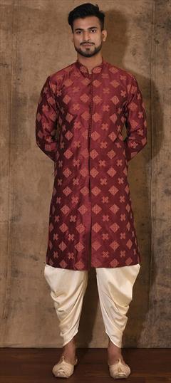 Party Wear Red and Maroon color Dhoti Kurta in Art Dupion Silk fabric with Embroidered, Thread work : 1907353