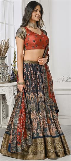 Reception, Wedding Black and Grey color Lehenga in Silk fabric with Flared Printed, Weaving work : 1907371