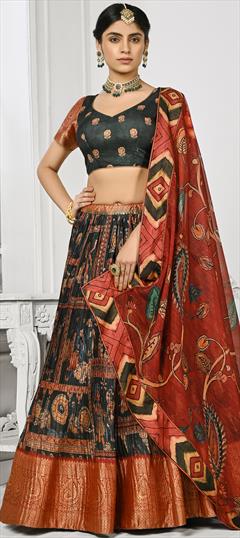 Reception, Wedding Black and Grey color Lehenga in Silk fabric with Flared Printed, Weaving work : 1907378
