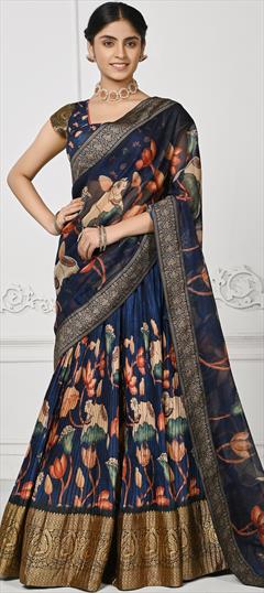 Reception, Wedding Blue color Lehenga in Silk fabric with Flared Printed, Weaving work : 1907379