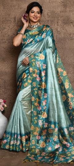 Traditional, Wedding Blue color Saree in Tussar Silk fabric with South Floral, Printed work : 1907380
