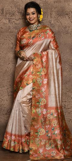 Traditional, Wedding Beige and Brown color Saree in Tussar Silk fabric with South Floral, Printed work : 1907383