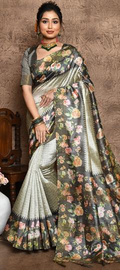 Traditional, Wedding Black and Grey color Saree in Tussar Silk fabric with South Floral, Printed work : 1907385
