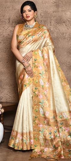 Traditional, Wedding Yellow color Saree in Tussar Silk fabric with South Floral, Printed work : 1907386