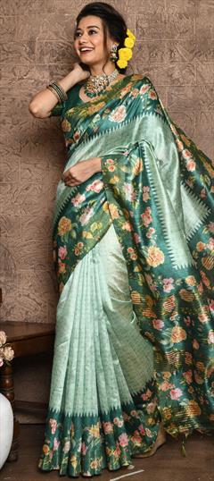 Traditional, Wedding Green color Saree in Tussar Silk fabric with South Floral, Printed work : 1907387