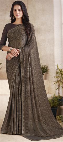 Festive, Party Wear Beige and Brown color Saree in Georgette fabric with Classic Digital Print, Lace work : 1907409