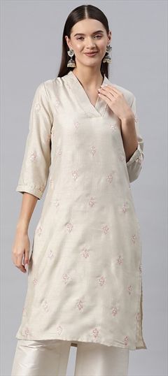 Casual, Summer Beige and Brown color Kurti in Muslin fabric with Straight Resham, Sequence, Thread work : 1907445
