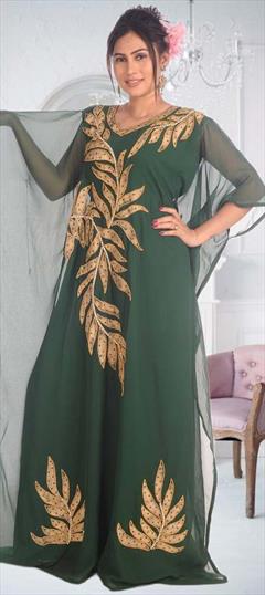 Festive Green color Kaftan in Georgette fabric with Embroidered, Thread work : 1907572