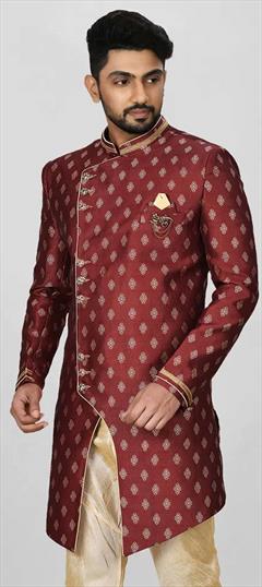 Party Wear, Wedding Red and Maroon color Kurta in Jacquard fabric with Broches, Weaving work : 1907596