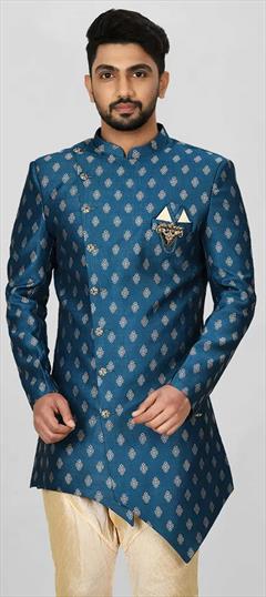 Party Wear, Wedding Blue color Kurta in Jacquard fabric with Broches, Weaving work : 1907601