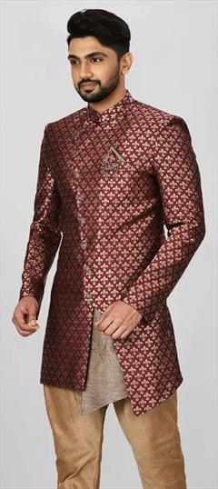 Party Wear, Wedding Red and Maroon color Kurta in Jacquard fabric with Broches, Weaving work : 1907607