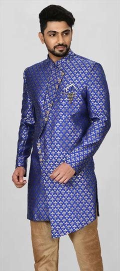 Party Wear, Wedding Blue color Kurta in Jacquard fabric with Broches, Weaving work : 1907614