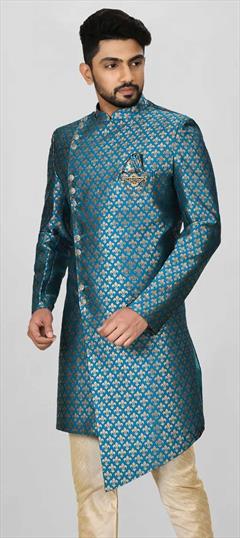 Party Wear, Wedding Blue color Kurta in Jacquard fabric with Broches, Weaving work : 1907615