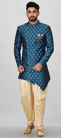 Party Wear, Wedding Blue color Dhoti Kurta in Jacquard fabric with Broches, Weaving work : 1907708