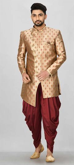 Party Wear, Wedding Gold color Dhoti Kurta in Jacquard fabric with Broches, Weaving work : 1907709