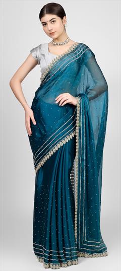 Reception, Traditional, Wedding Blue color Saree in Silk fabric with Classic, South Cut Dana, Resham, Thread, Zircon work : 1907870